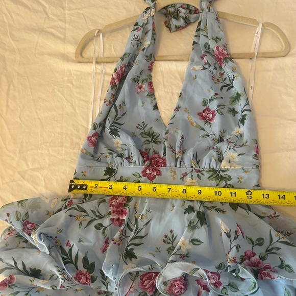 Lulus Light Blue Floral Tiered Halter Midi Dress Small Wedding Guest Coquette - Picture 7 of 8